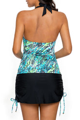 Blue Green Print Bead Tie Tankini and Skirt Swimsuit